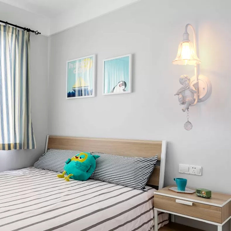 Contemporary White Wall Lamp with Bell Shade & Angel Design for Kids' Room