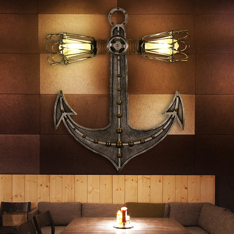 Industrial Metal Sconce with Exposed Bulbs and Caged Shades - 2 Light Wall Lamp in Grey for Coffee Shop