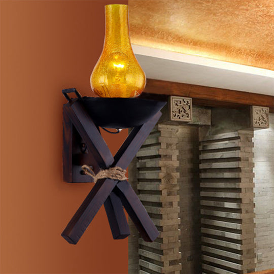 Rustic Amber Crackle Glass Black Sconce Light with Wall Mount - 1-Light