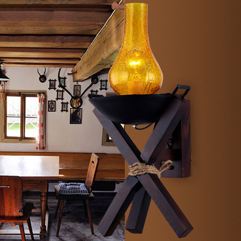 Rustic Amber Crackle Glass Black Sconce Light with Wall Mount - 1-Light