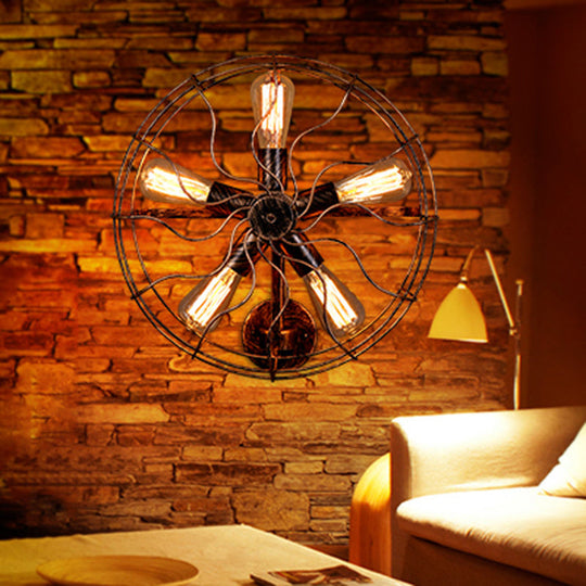 Antique Iron Fan Shaped Wall Sconce Light - Yellow-Black, 5 Heads, Stairway Fixture