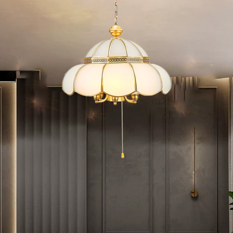 Traditional Gold Scalloped Corridor Chandelier Light - 6 Bulbs, Cream Glass Suspension with Pull Chain