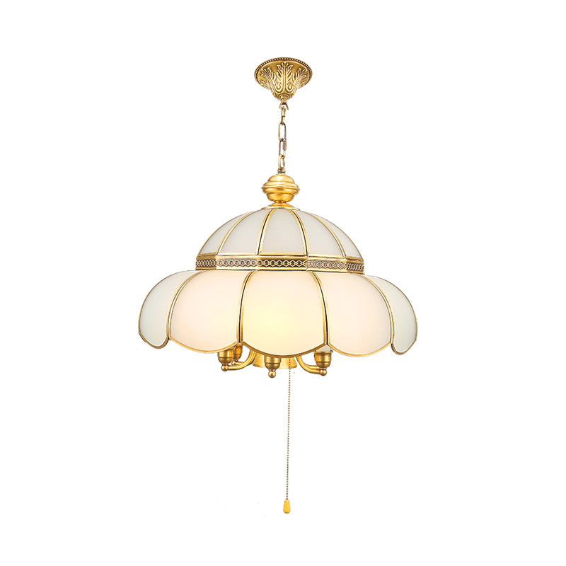 Traditional Gold Scalloped Corridor Chandelier Light - 6 Bulbs, Cream Glass Suspension with Pull Chain
