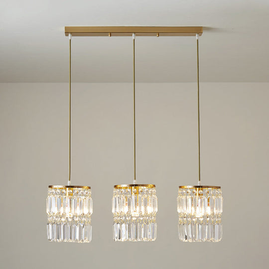 Modern Brass Pendant Ceiling Light with Crystal Prism Cylindrical Design – 3 Heads, Round/Linear Canopy