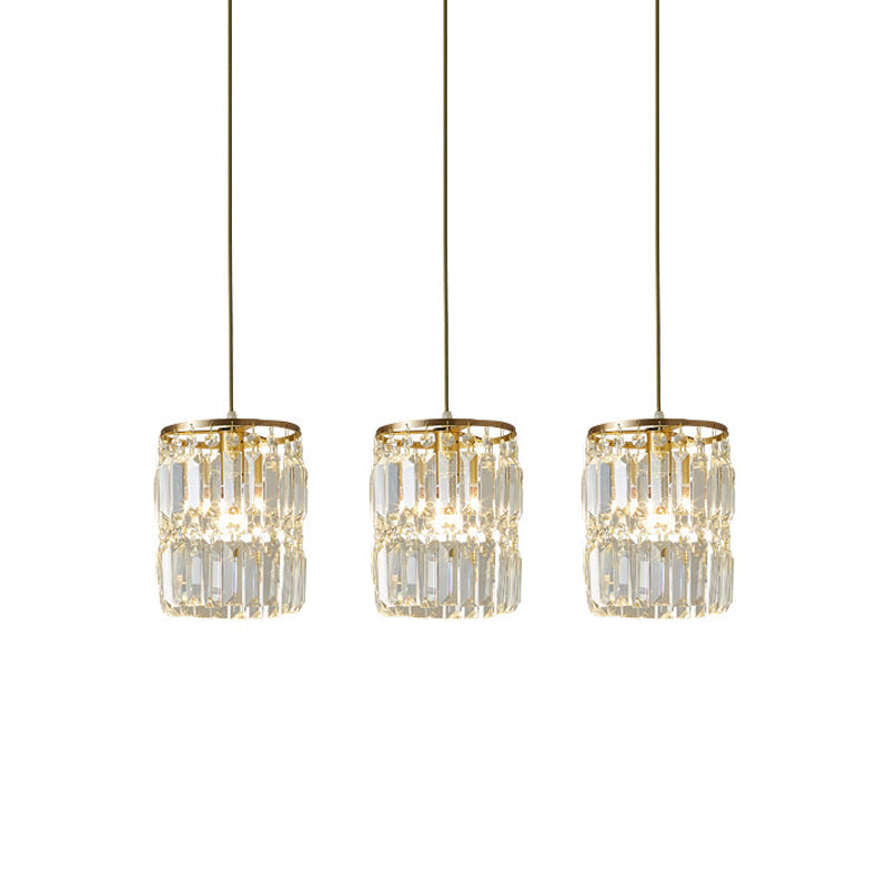Modern Brass Pendant Ceiling Light with Crystal Prism Cylindrical Design – 3 Heads, Round/Linear Canopy
