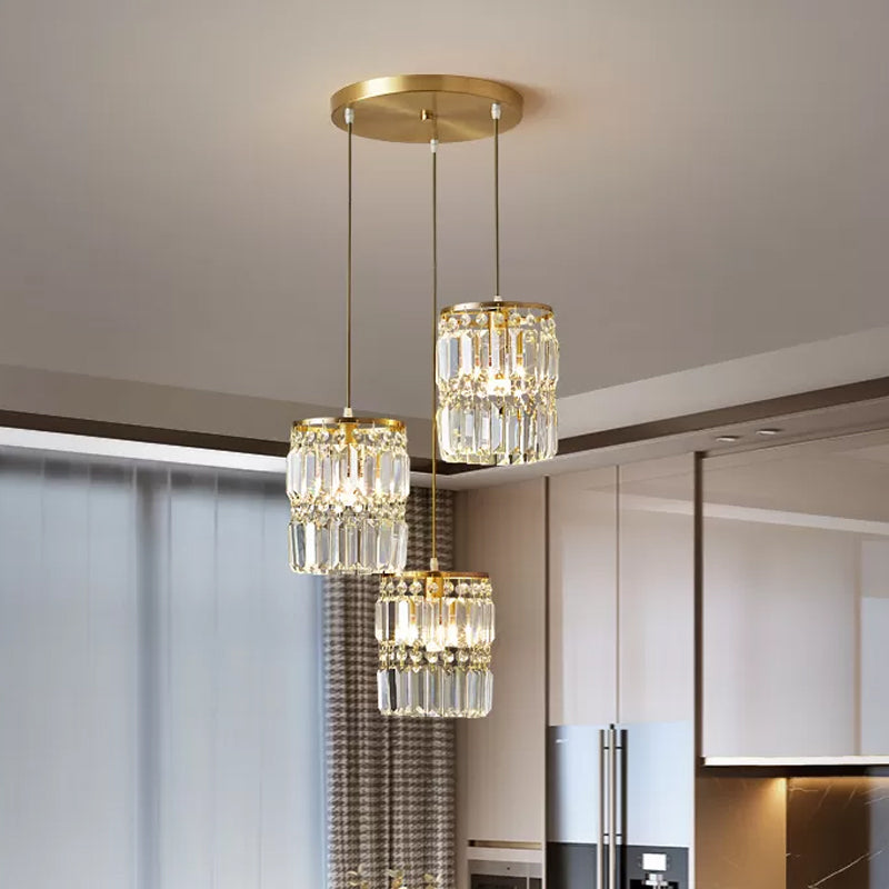 Modern Brass Pendant Ceiling Light with Crystal Prism Cylindrical Design – 3 Heads, Round/Linear Canopy