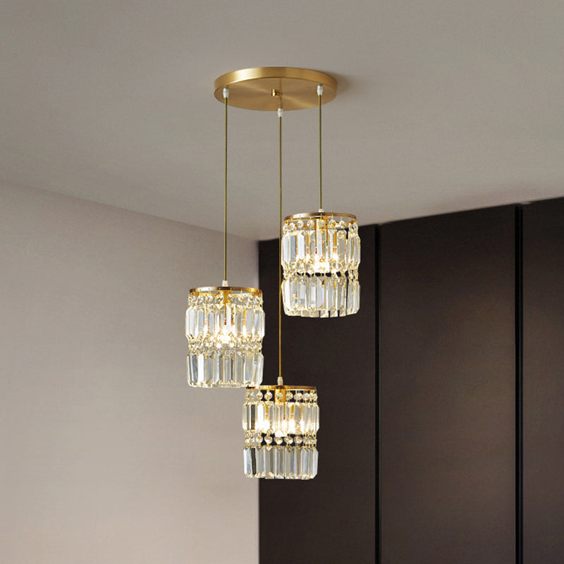 Modern Brass Pendant Ceiling Light with Crystal Prism Cylindrical Design – 3 Heads, Round/Linear Canopy