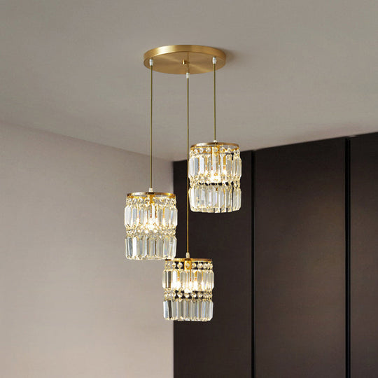 Modern Brass Pendant Ceiling Light with Crystal Prism Cylindrical Design – 3 Heads, Round/Linear Canopy