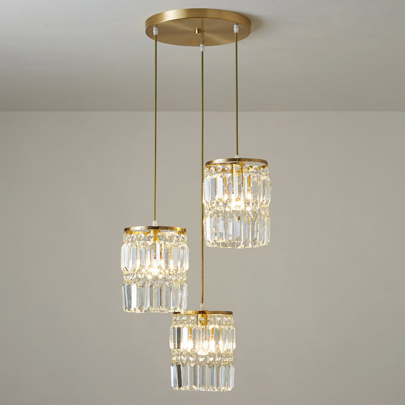 Modern Brass Pendant Ceiling Light with Crystal Prism Cylindrical Design – 3 Heads, Round/Linear Canopy