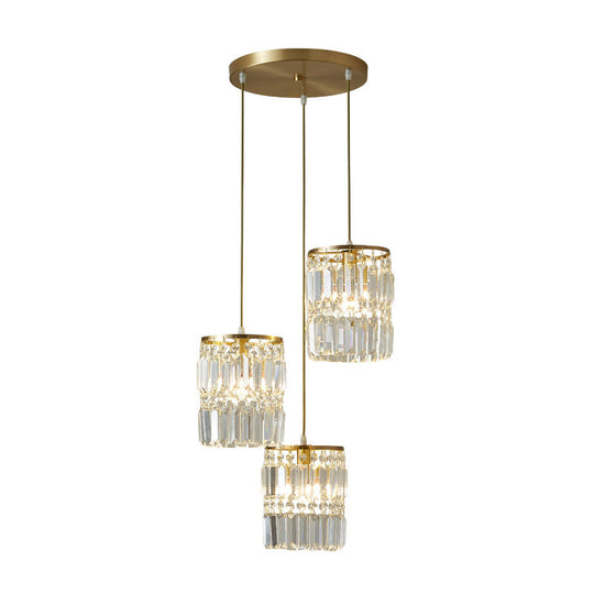 Modern Brass Pendant Ceiling Light with Crystal Prism Cylindrical Design – 3 Heads, Round/Linear Canopy