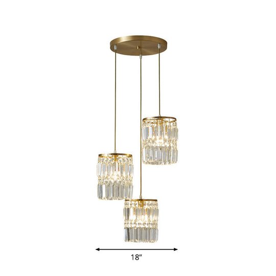 Modern Brass Pendant Ceiling Light with Crystal Prism Cylindrical Design – 3 Heads, Round/Linear Canopy