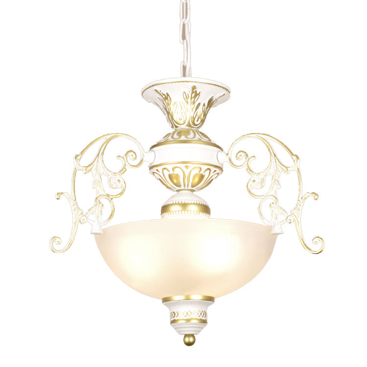 Traditional White/Black Frosted Glass Chandelier Light - 3 Bulbs Bowl Ceiling Fixture for Corridor