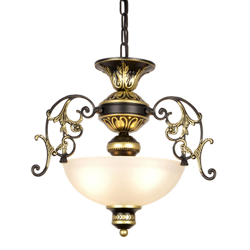 Traditional White/Black Frosted Glass Chandelier Light - 3 Bulbs Bowl Ceiling Fixture for Corridor
