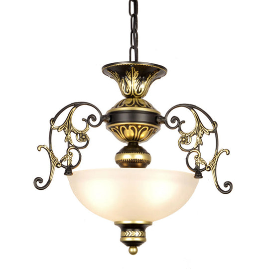 Traditional White/Black Frosted Glass Chandelier Light - 3 Bulbs Bowl Ceiling Fixture for Corridor