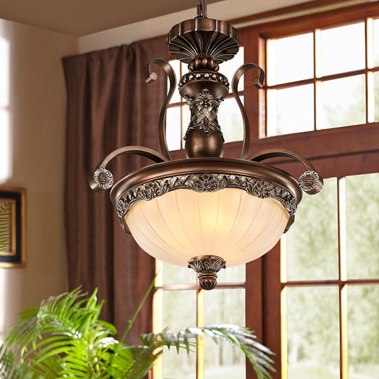 Traditional Rust Bowl Pendant Light with Frosted Textured Glass - 3 Light Chandelier for Bedroom