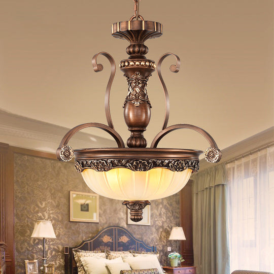 Traditional Rust Bowl Pendant Light with Frosted Textured Glass - 3 Light Chandelier for Bedroom