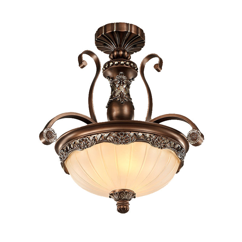 Traditional Rust Bowl Pendant Light with Frosted Textured Glass - 3 Light Chandelier for Bedroom