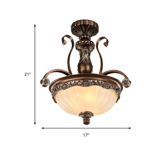 Traditional Rust Bowl Pendant Light with Frosted Textured Glass - 3 Light Chandelier for Bedroom