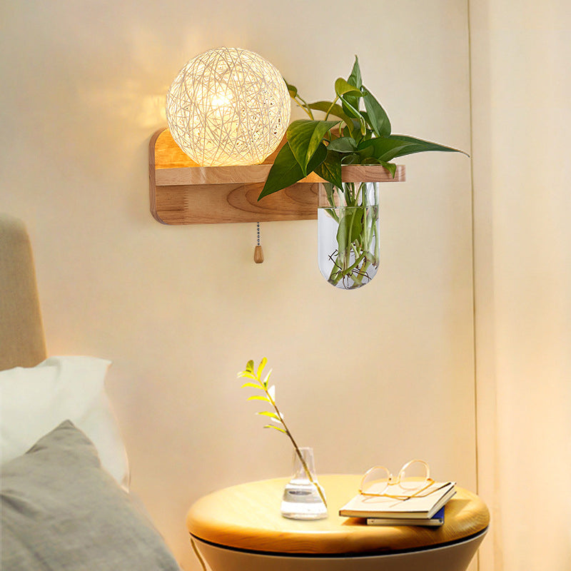 Spherical Rattan Bedside Sconce Light with Pull Chain - Modern Wood Wall Fixture