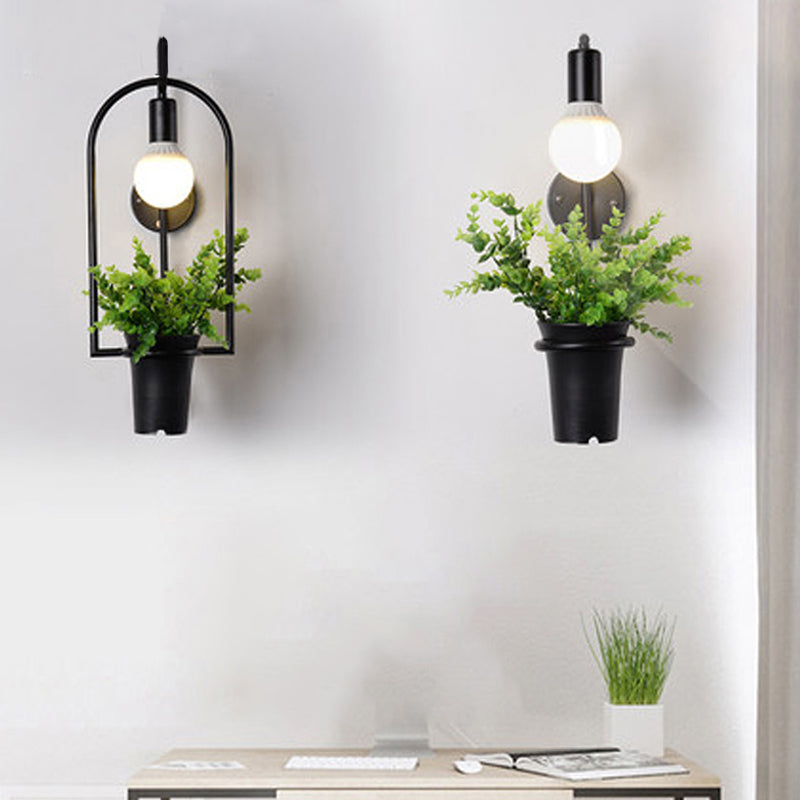 Vintage Geometric Wall Mount Light with Plant Decor - 1 Head Iron Fixture in Black