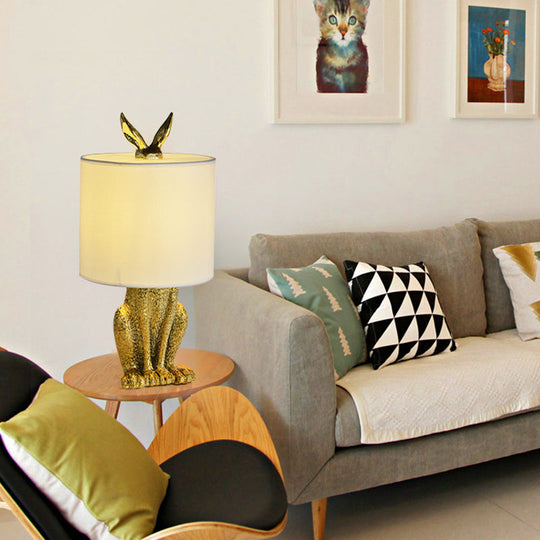 Rabbit Nightstand Lamp - Decorative Resin Bedside Table Light with Fabric Shade