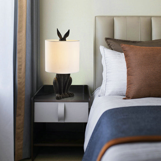 Rabbit Nightstand Lamp - Decorative Resin Bedside Table Light with Fabric Shade