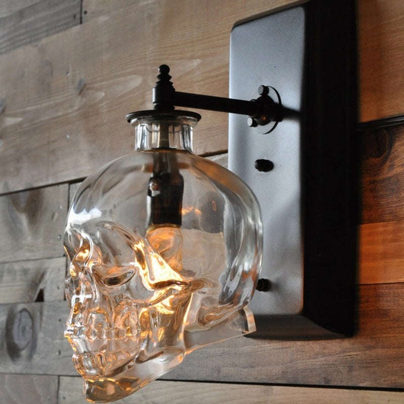 Black Skull Wall Mount Light Artistic Single-Bulb Clear Glass Wall Sconce for Corridor