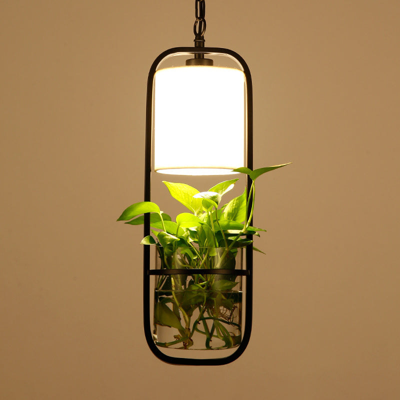Rustic Single Pendant Light with Fabric Shade and Glass Planter in Black
