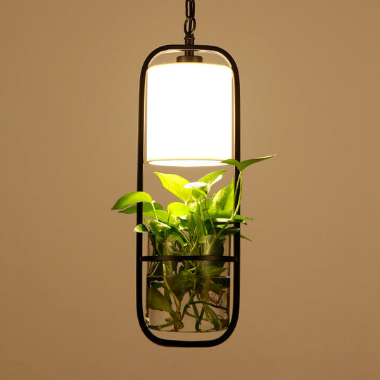 Rustic Single Pendant Light with Fabric Shade and Glass Planter in Black