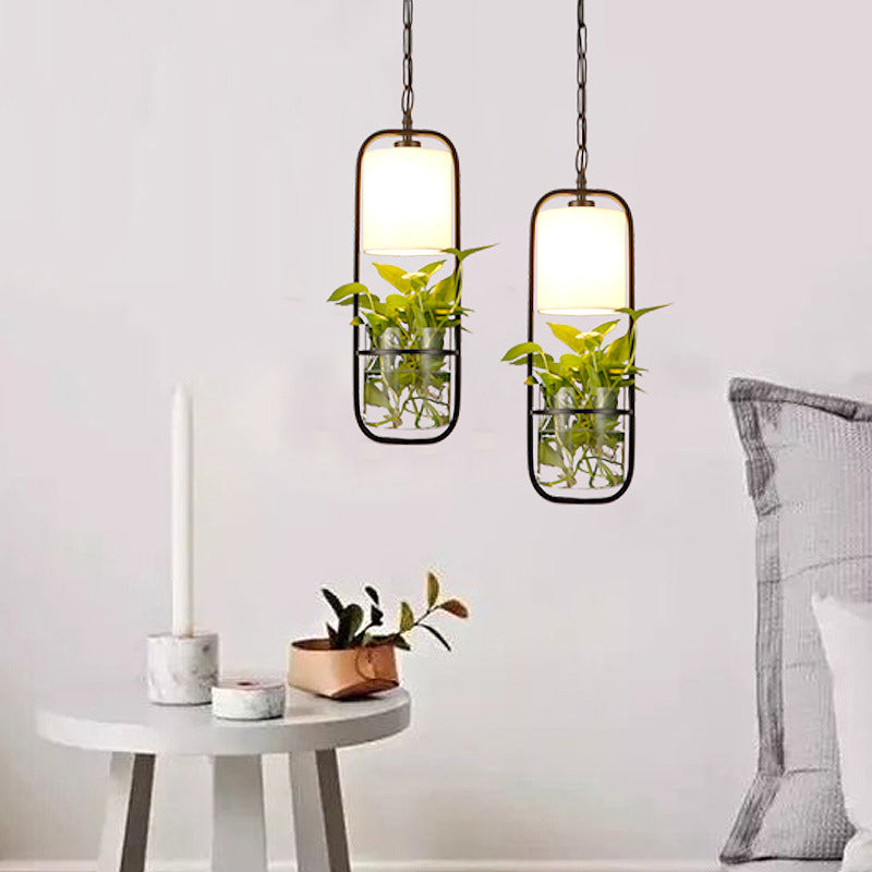 Rustic Single Pendant Light with Fabric Shade and Glass Planter in Black