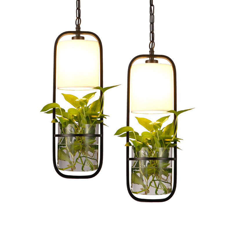Rustic Single Pendant Light with Fabric Shade and Glass Planter in Black