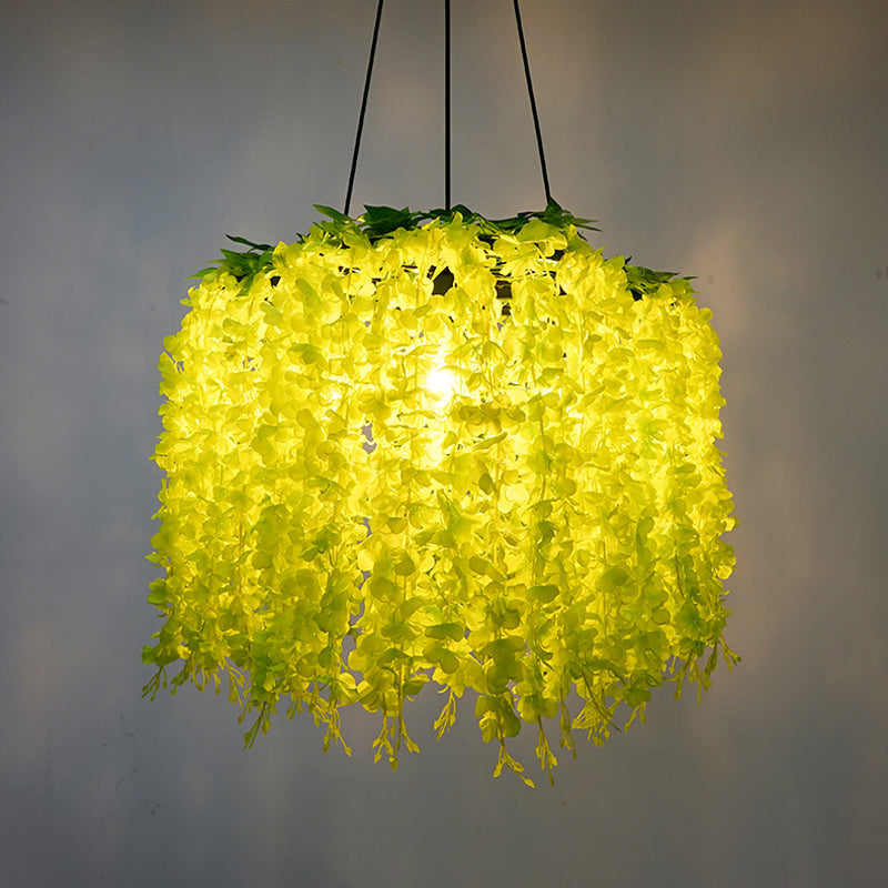 Vintage Wagon Wheel Chandelier Pendant Light with Artificial Flower Vine - 3-Bulb Iron Hanging Fixture