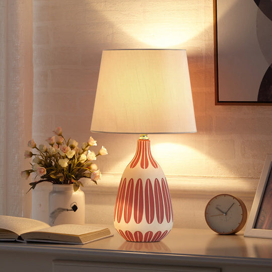 Tapered Contemporary Fabric Bedside Lamp with Earthenware Base
