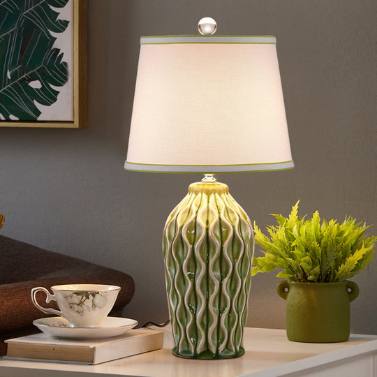 Nordic Style Fabric Conical Table Lamp with Pottery Decor - Single Nightstand Light