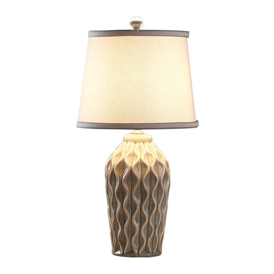 Nordic Style Fabric Conical Table Lamp with Pottery Decor - Single Nightstand Light
