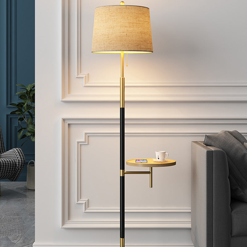 Traditional Single Living Room Floor Lamp with Pull Chain, Fabric Empire Shade & Wooden Tray in Gold-Black