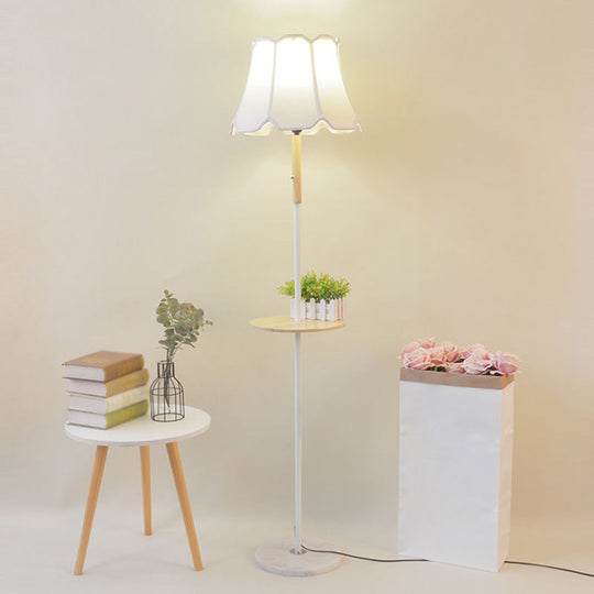 Simplicity 1-Light Floor Light with Wooden Tray - Flared Shaped Fabric Lamp
