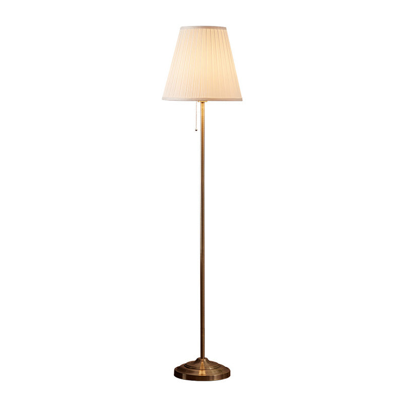 Vintage Fabric Standing Floor Lamp with Pleated Brown Shade & Pull Chain for Living Room - 1 Head