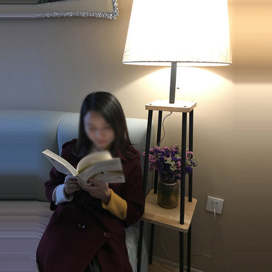 Traditional Fabric Tapered Drum Floor Lamp with 3-Layer Shelf in Black