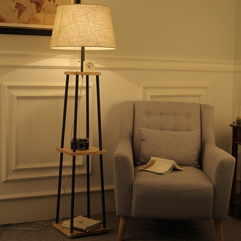 Traditional Fabric Tapered Drum Floor Lamp with 3-Layer Shelf in Black