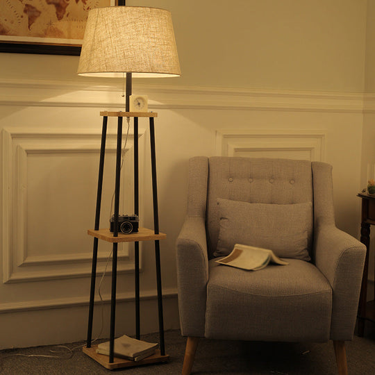 Traditional Fabric Tapered Drum Floor Lamp with 3-Layer Shelf in Black