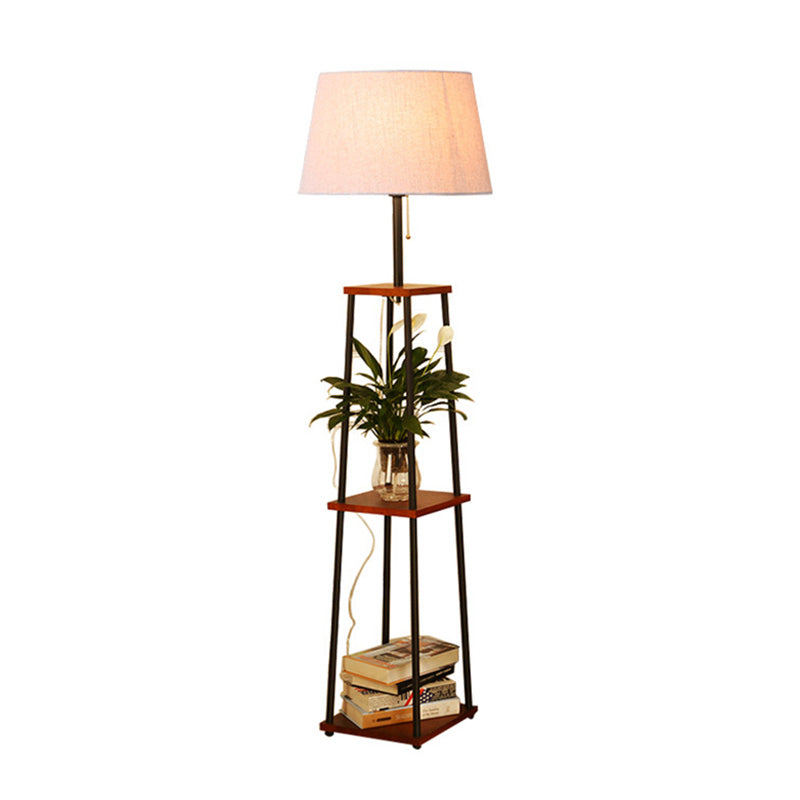 Traditional Fabric Tapered Drum Floor Lamp with 3-Layer Shelf in Black