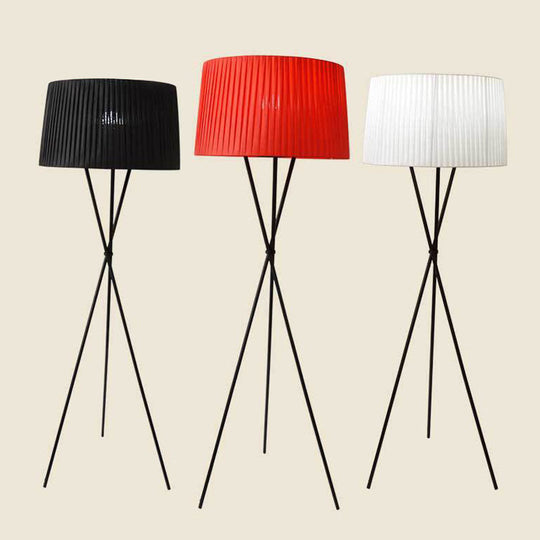 Classic Pleated Drum Shade Floor Lamp with Tripod Base - Single-Bulb Fabric Standing Light