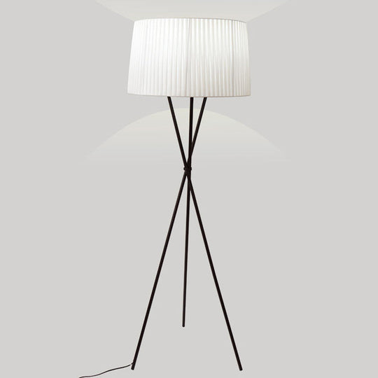 Classic Pleated Drum Shade Floor Lamp with Tripod Base - Single-Bulb Fabric Standing Light