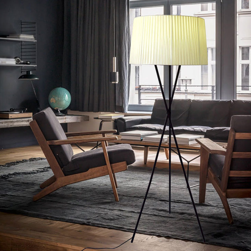 Classic Pleated Drum Shade Floor Lamp with Tripod Base - Single-Bulb Fabric Standing Light