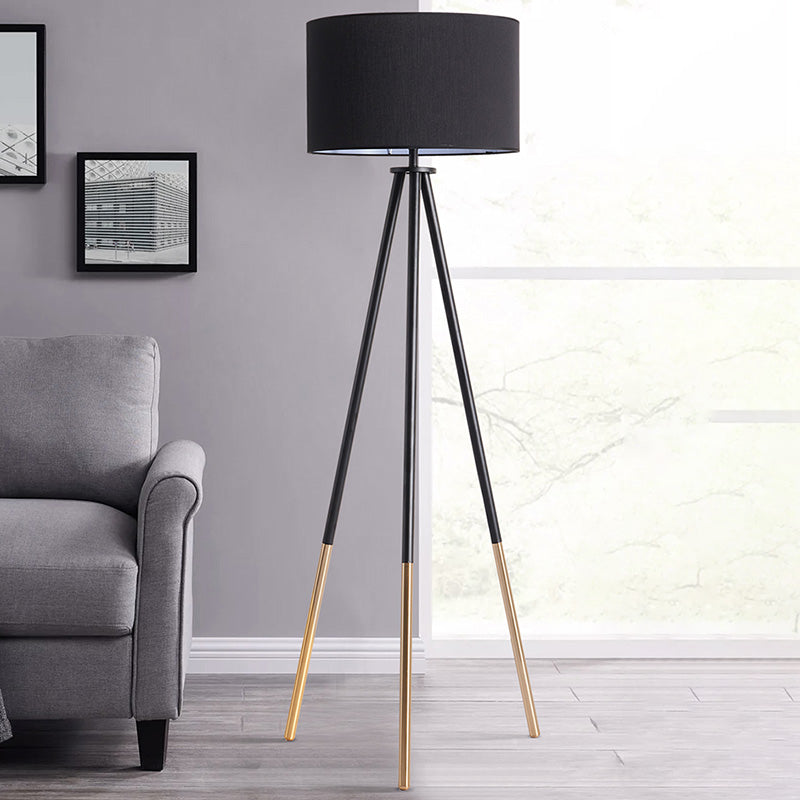 Minimalist Metal Tripod Floor Lamp with Drum Fabric Shade