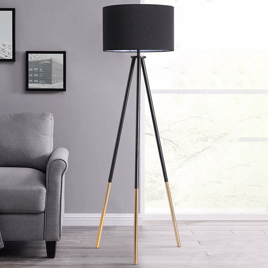 Minimalist Metal Tripod Floor Lamp with Drum Fabric Shade