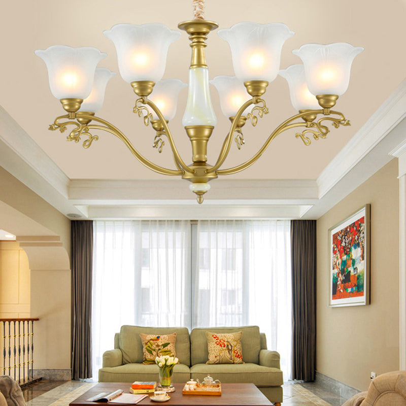 Traditional Brass Scalloped Chandelier - Frosted Glass Pendant Light Fixture (3/6/8 Lights) for Elegant Living Rooms