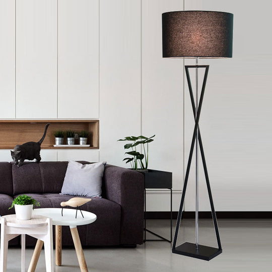 Drum Shape Floor Lamp: Simplicity Fabric Living Room Standing Light with Hourglass Base