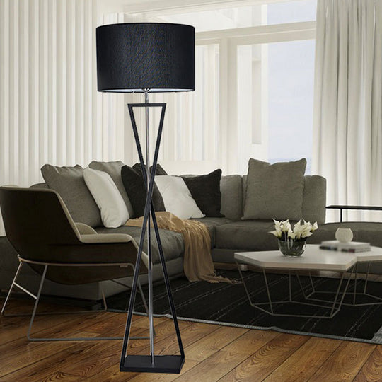 Drum Shape Floor Lamp: Simplicity Fabric Living Room Standing Light with Hourglass Base